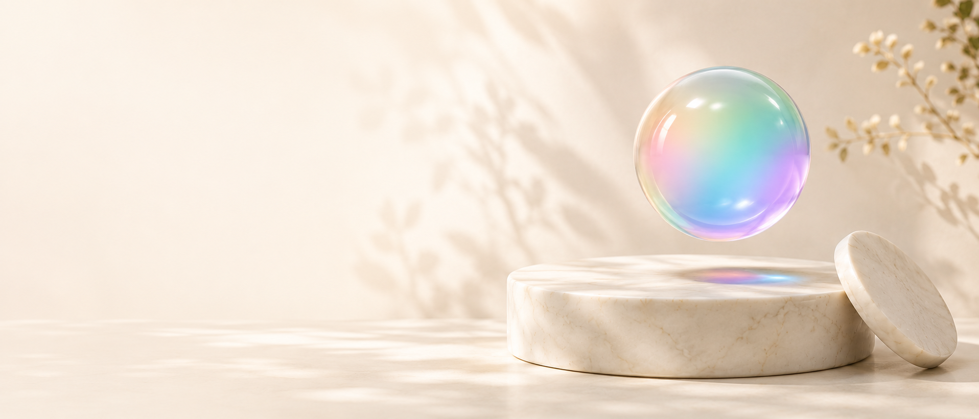 Iridescent orb floating above a marble plinth with soft botanical shadows