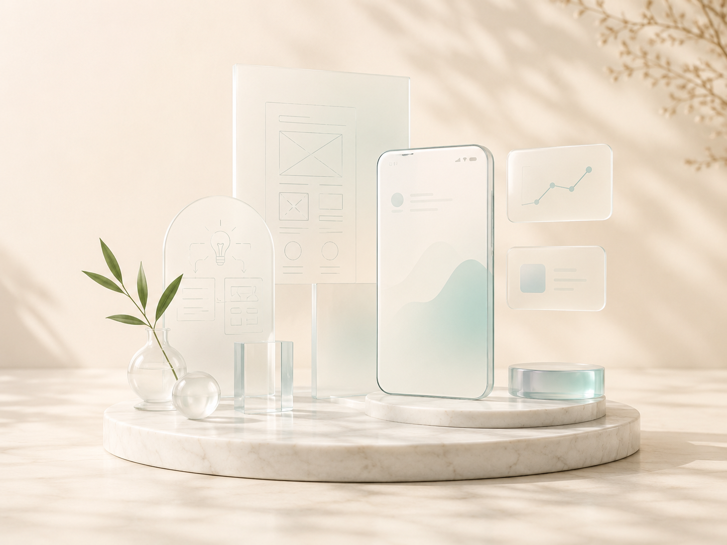 Soft studio composition showing glass forms in a calm premium setting